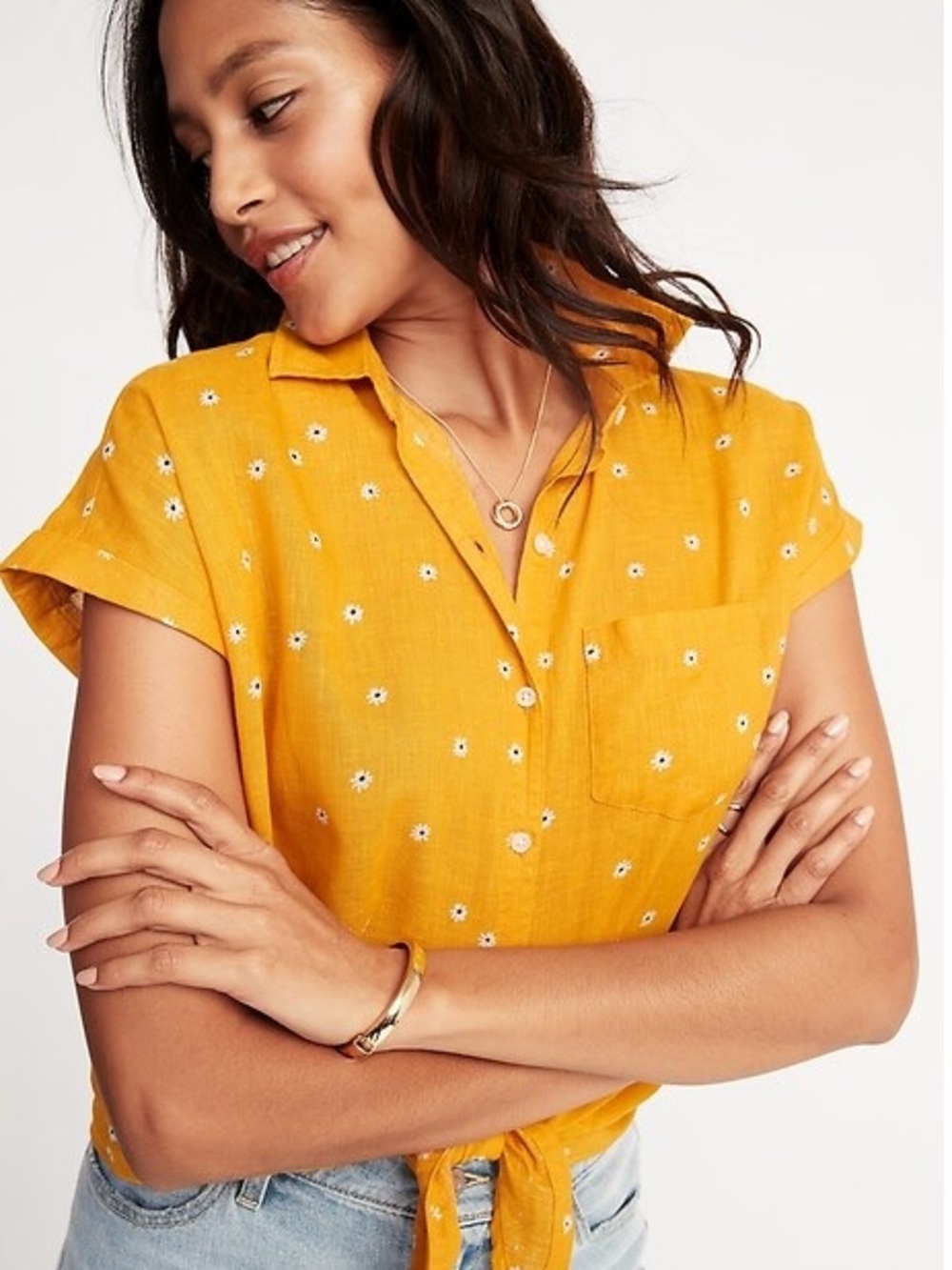 Old Navy Tie-Hem Linen-Blend Shirt in Yellow Daisy - Size: medium